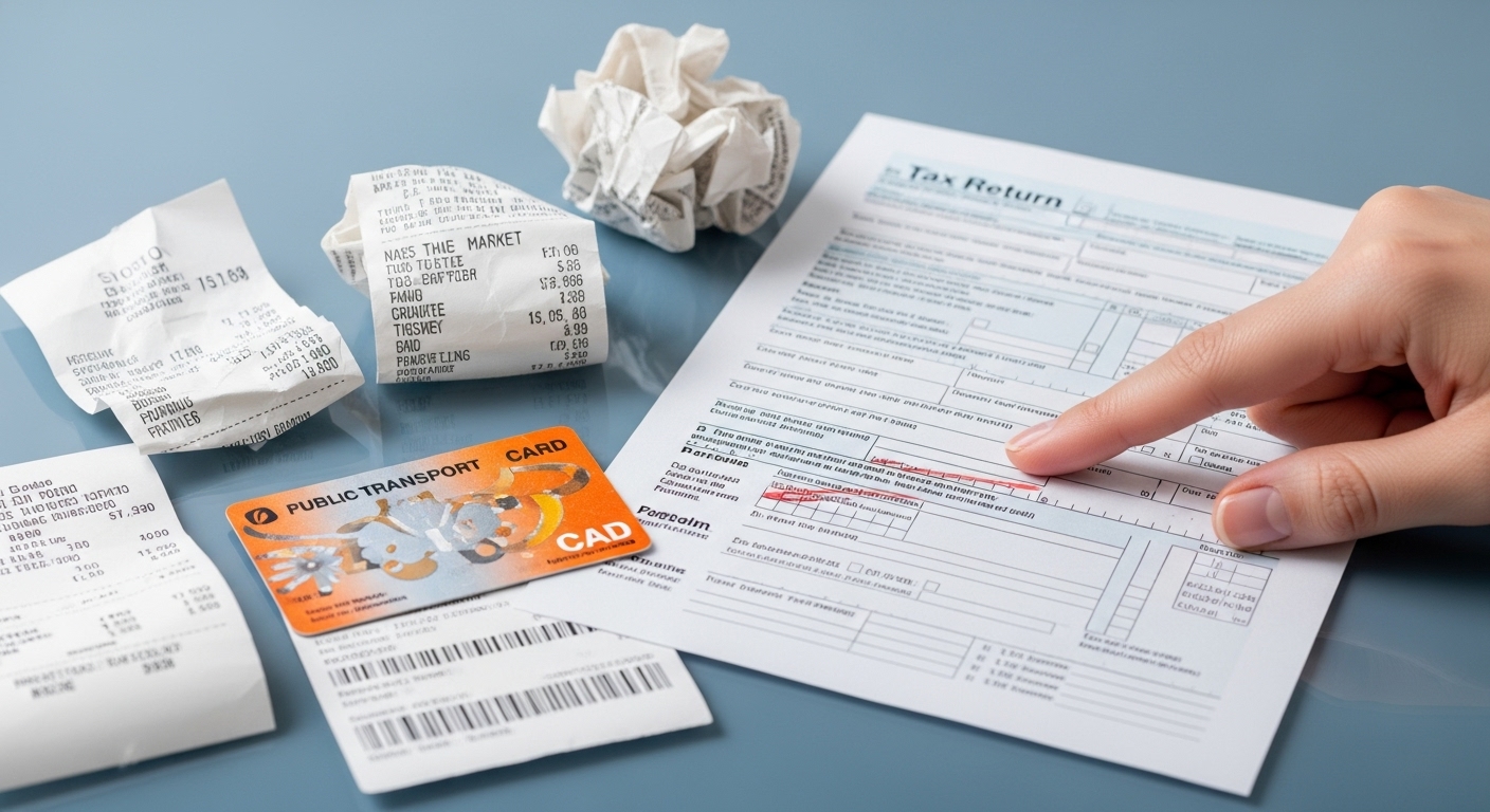 A close-up shot of various financial documents, such as a tax return form, receipts from a traditional market, and a public transport card statement, neatly organized on a modern desk. A hand is pointing to specific lines on the tax form, indicating areas for deduction. The overall impression should be clear, organized, and informative, using a blue-grey aesthetic.