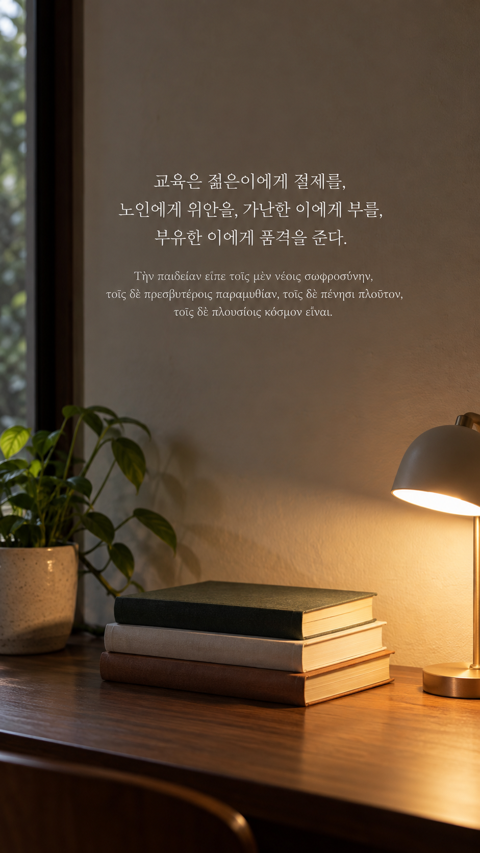 디오게네스 명언 22 교육은 젊은이에게 절제를, 노인에게 위안을, 가난한 이에게 부를, 부유한 이에게 품격을 준다. 한글과 그리스어 원문이 담긴 세로 사진