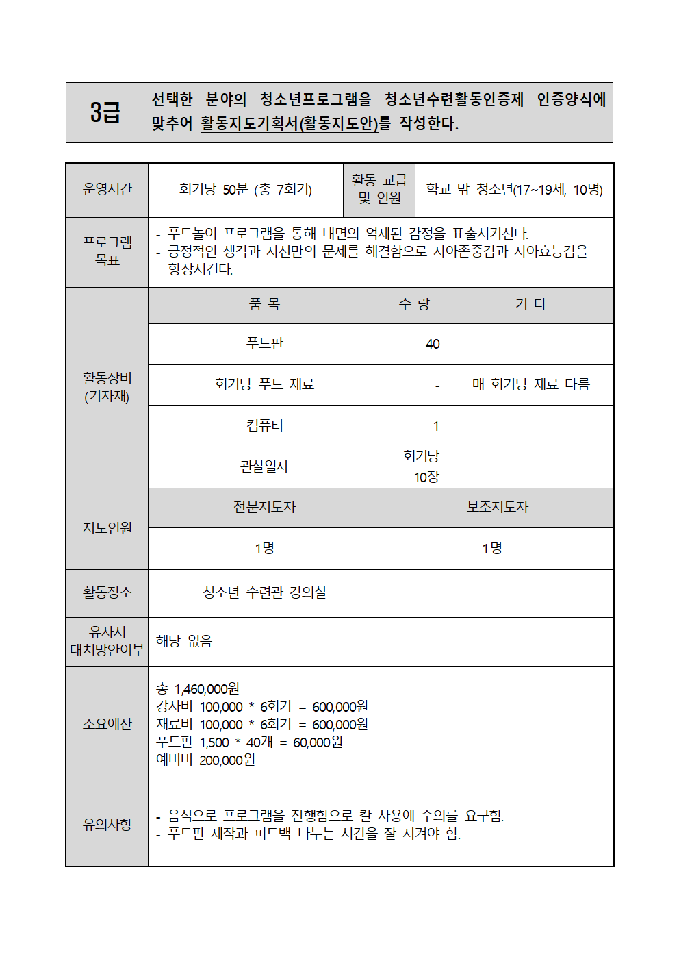 청소년 활동 지도 기획서(활동지도안)