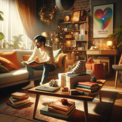 책을 읽고 있는 남자가 신발 옆에 앉아있는 따뜻한 분위기의 거실 장면입니다.