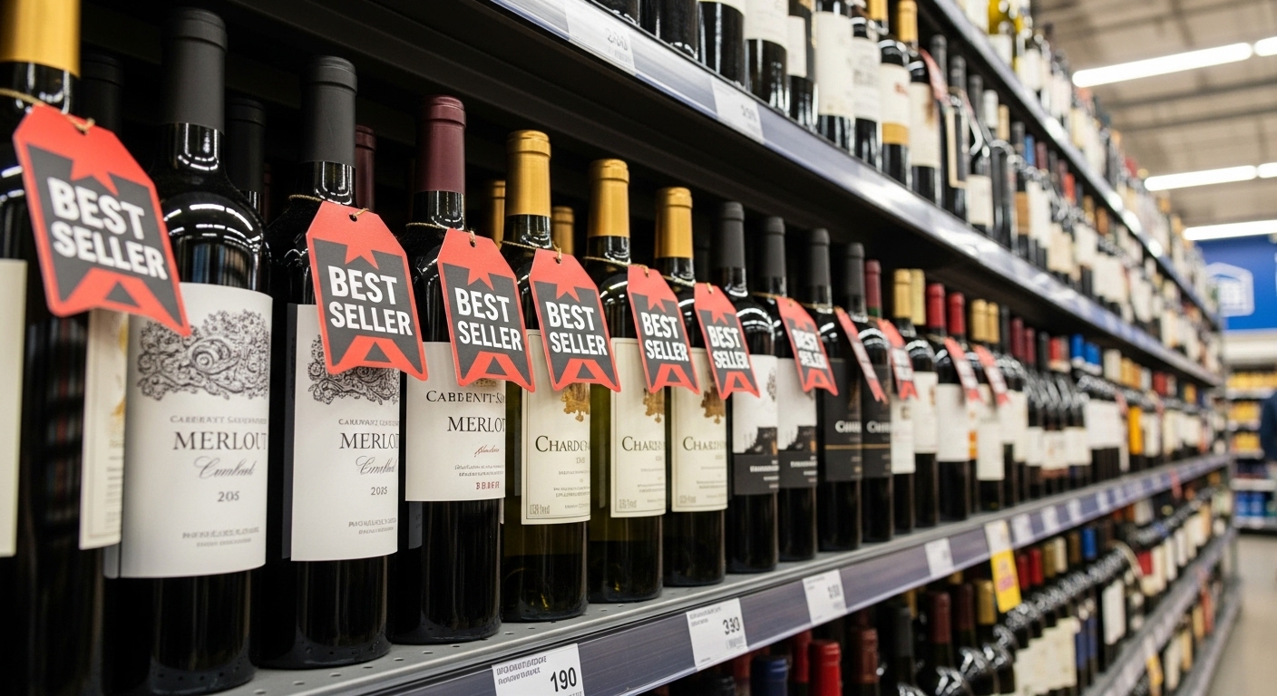 마트 와인 코너에서 가성비 와인을 고르는 모습 이미지