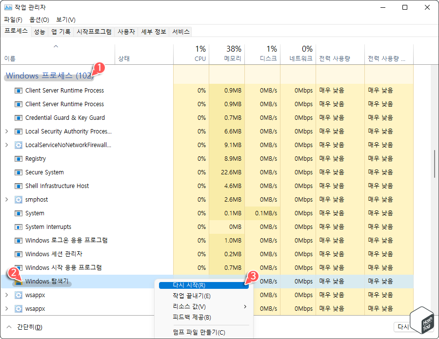 작업 관리자 Windows 프로세스 영역