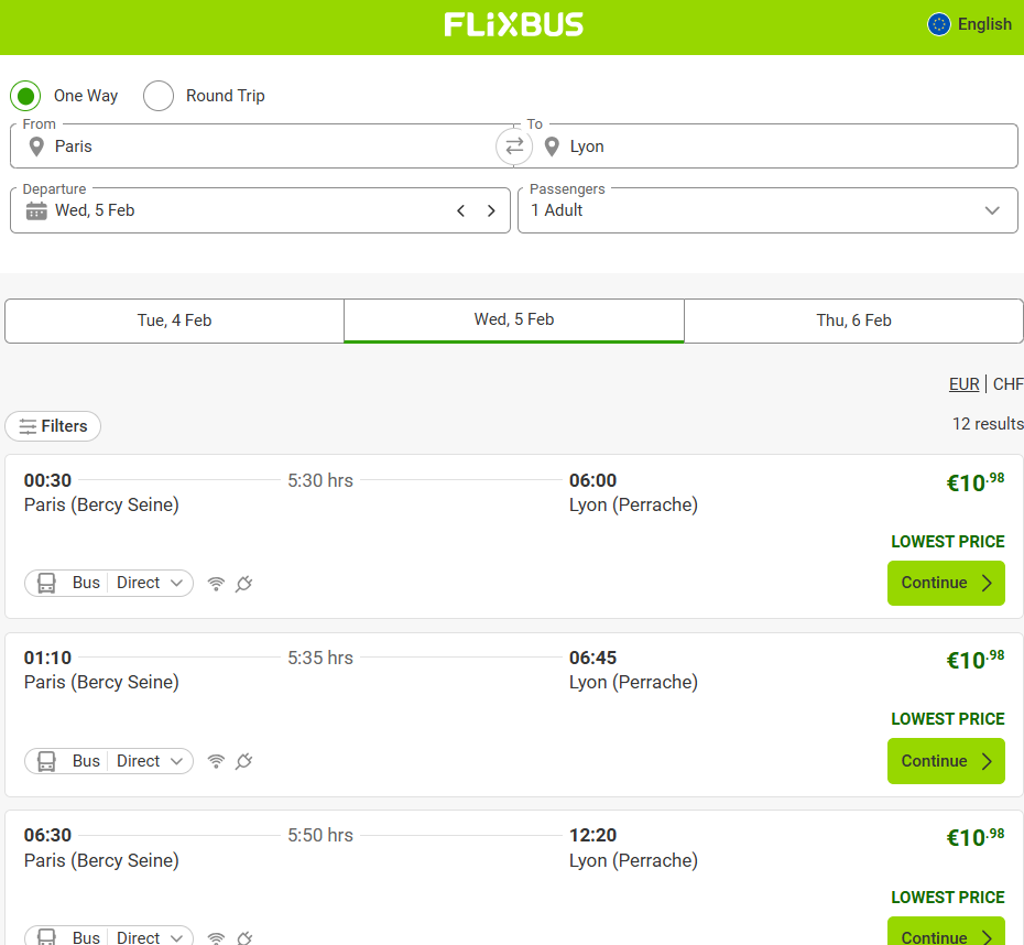 파리에서 리옹 플릭스버스