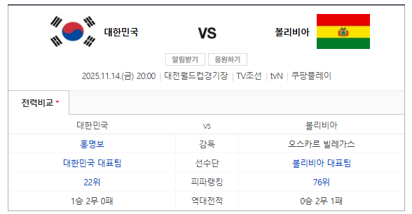 대한민국 볼리비아 축구 중계 방송 11월 14일