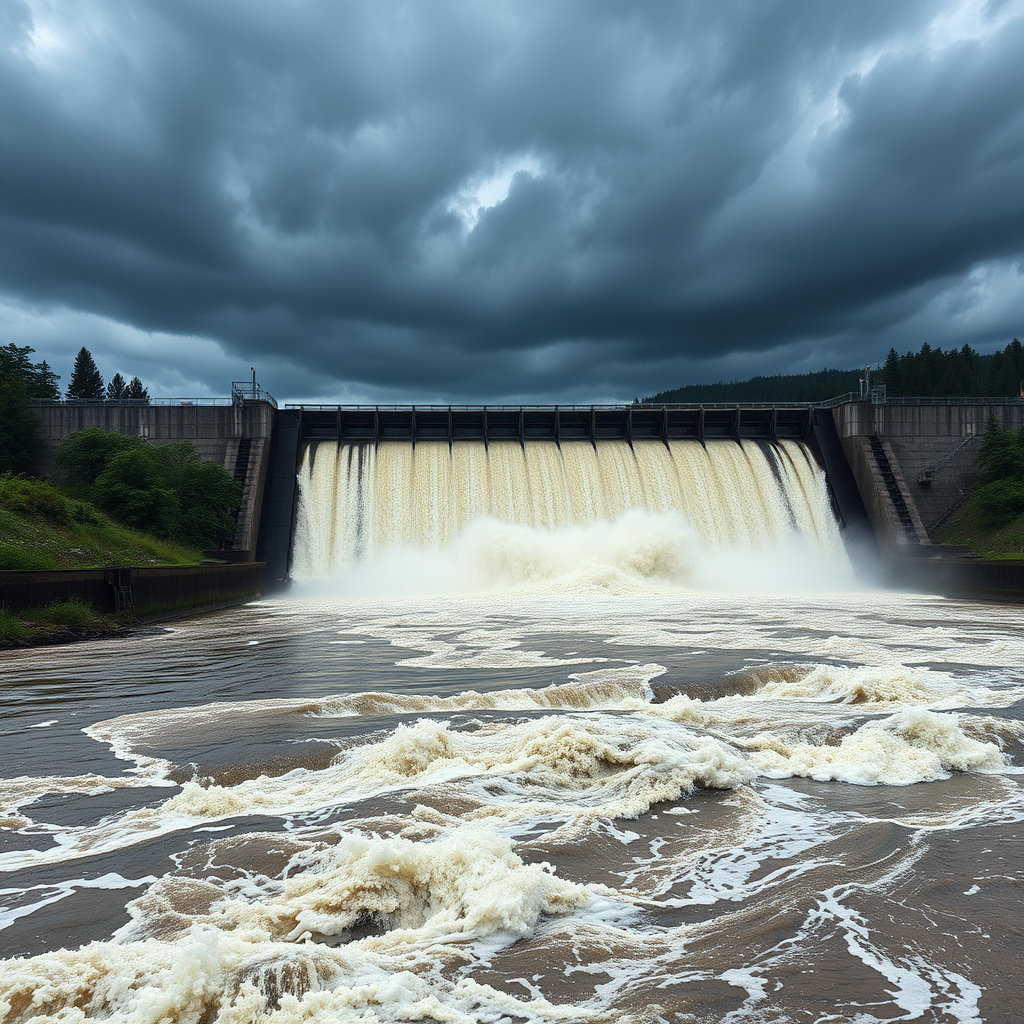 댐의 수문이 열려 물이 뿜어져 나오거나&#44; 평소보다 훨씬 불어난 하천의 물살이 거세게 흐르는 장면입니다. 자연의 위력과 경각심을 주는 동적인 이미지입니다.