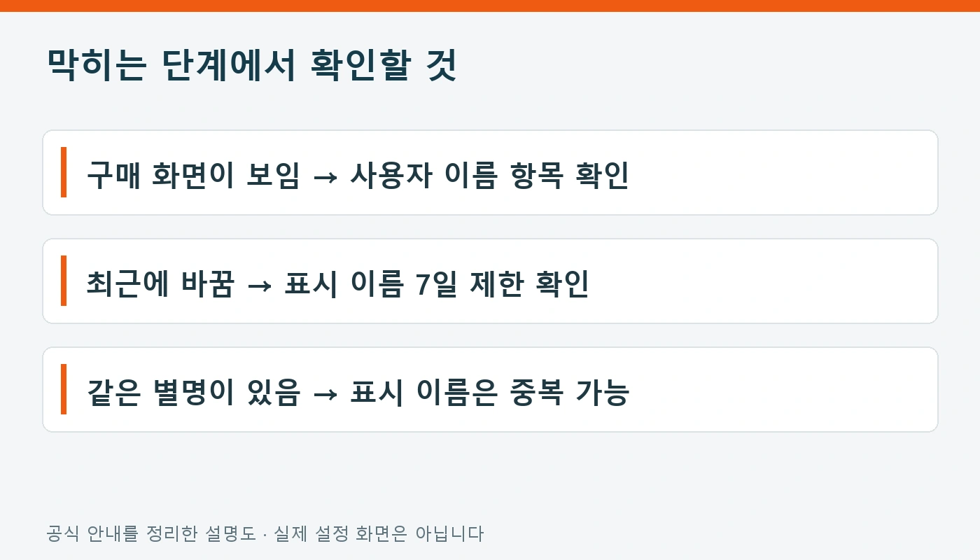 닉네임 변경 막히는 단계에서 확인할 것 설명도