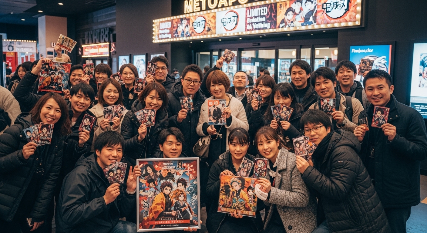 귀멸의 칼날 특별관 앞에서 한정판 특전을 들고 기뻐하는 팬들의 모습. N차 관람 문화를 보여주며 영화의 팬덤과 흥행 성공 요인을 나타낸다.