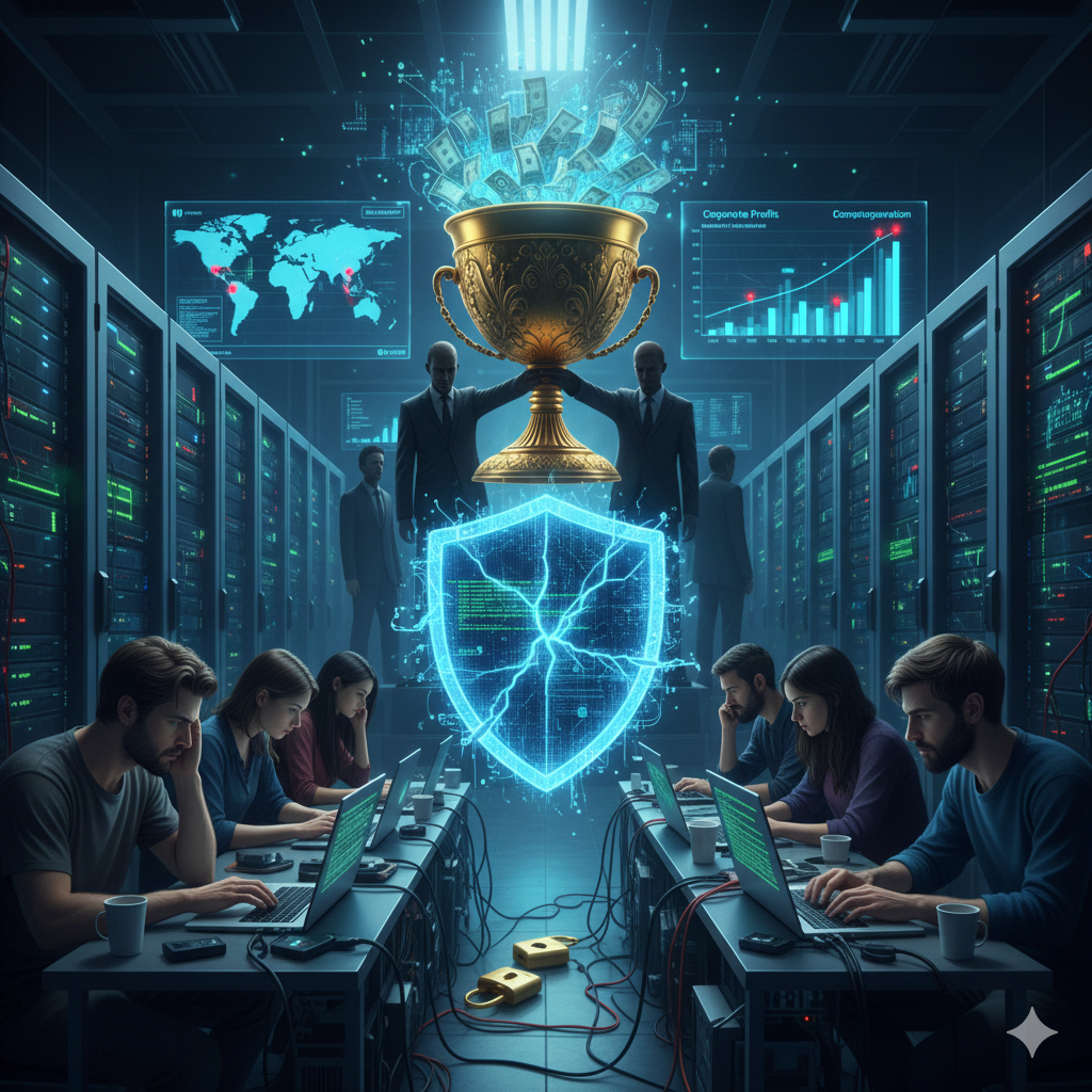 대형 데이터 센터 서버 랙 사이에서 여러 명의 피곤한 개발자들이 노트북으로 작업 중인 장면. 중앙에 거대한 금빛 트로피가 떠 있고, 두 명의 정장 차림 상사가 트로피를 들고 있다. 트로피에서 돈이 쏟아져 내리며, 배경에 세계 지도와 "Corporate Profits" 상승 그래프가 홀로그램으로 표시되어 있다. 바닥에 거대한 깨진 보안 방패(크랙과 열린 자물쇠)가 놓여 있으며, 기업 이익 독점과 보안 취약, 개발자 착취를 상징하는 풍자적 디스토피아 이미지.
