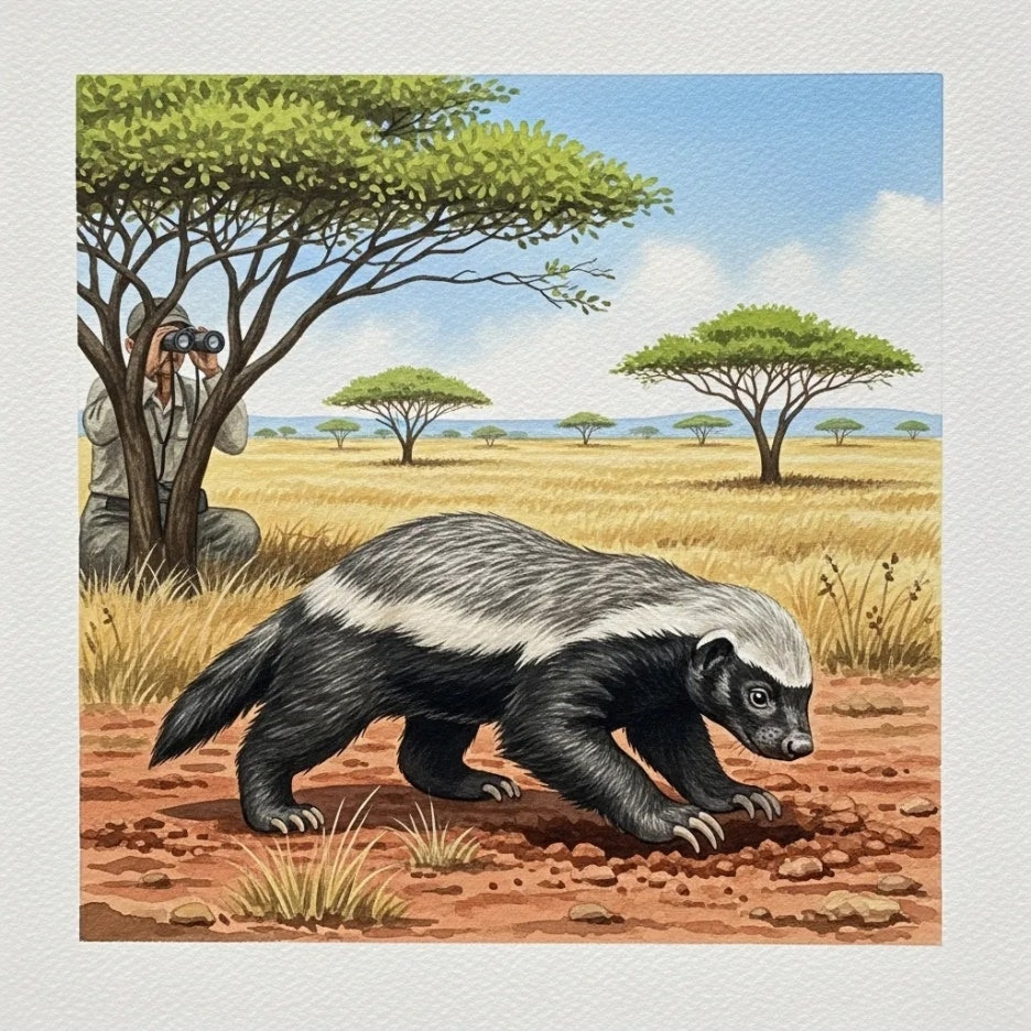 야생 벌꿀오소리를 멀리서 관찰하는 모습