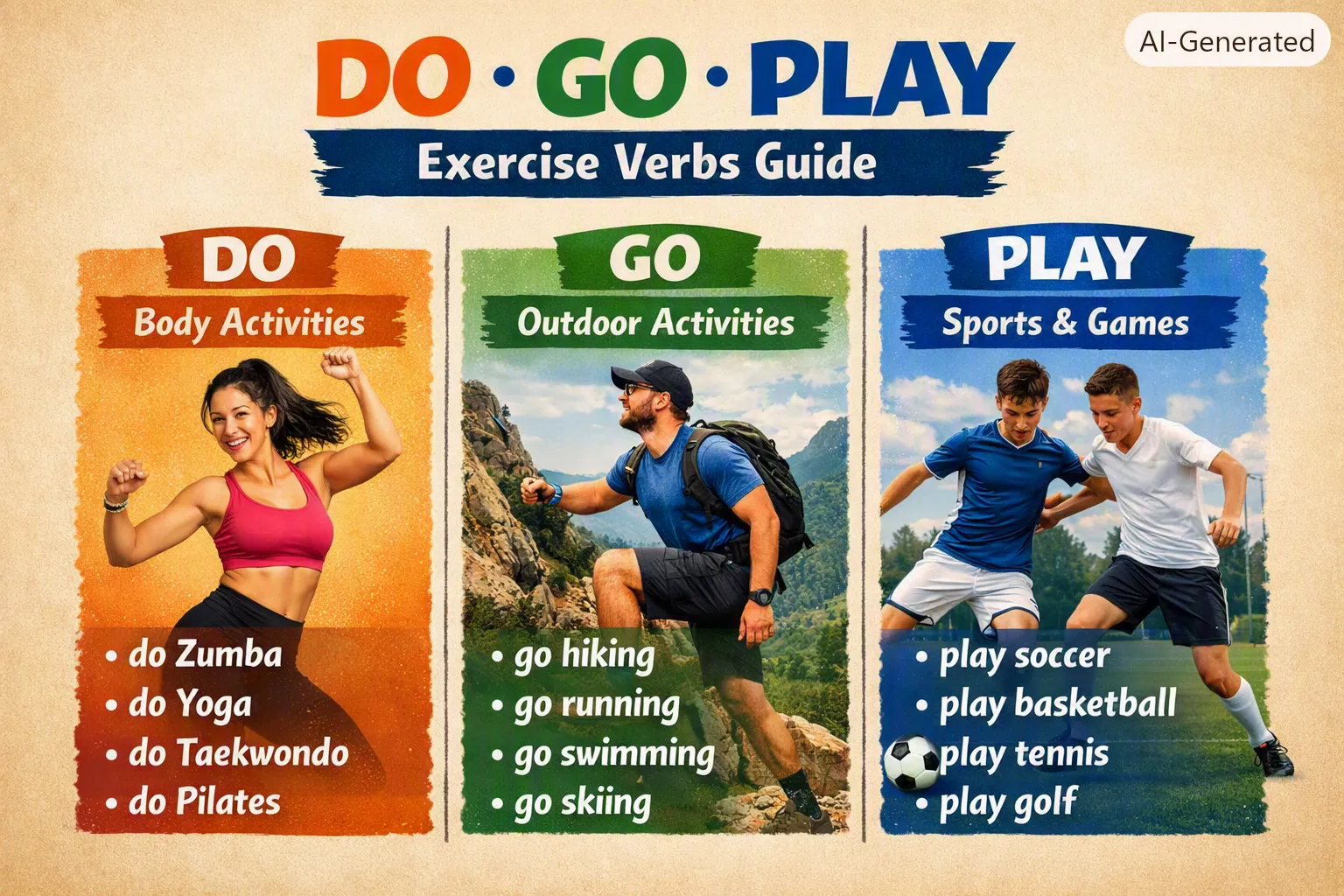 운동 영어 표현을 정리한 인포그래픽, Do, Go, Play 예시로 Do Zumba, Go hiking, Play soccer 등이 포함됨