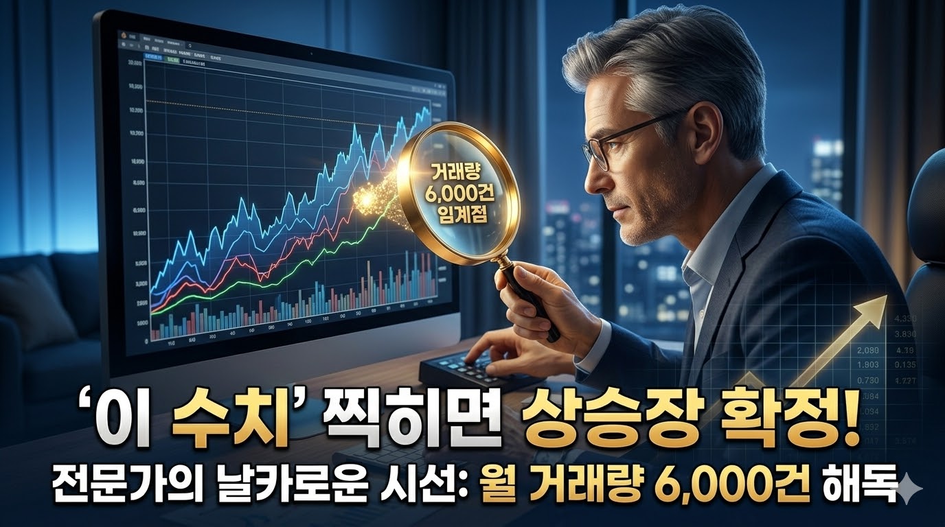 모니터의 복잡한 부동산 차트를 돋보기를 들고 날카롭게 분석하는 전문가와 '거래량 6000건 임계점' 강조 이미지
