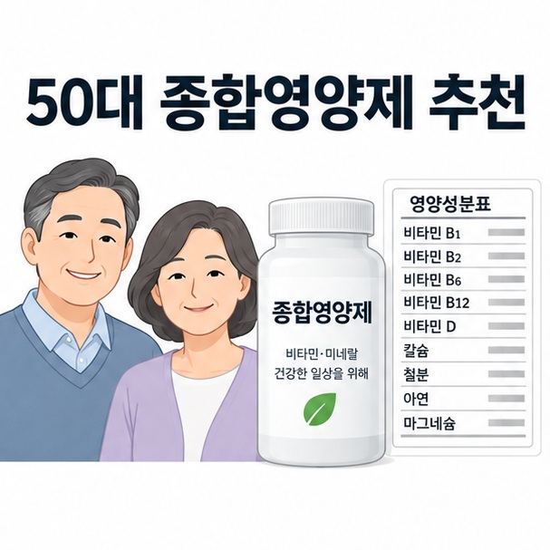 50대 종합영양제 추천과 비타민·미네랄 성분표를 보여주는 건강 안내 이미지