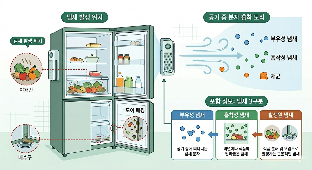 냉장고 냄새 발생 위치와 부유성&middot;흡착성&middot;발생원 3구분 도식