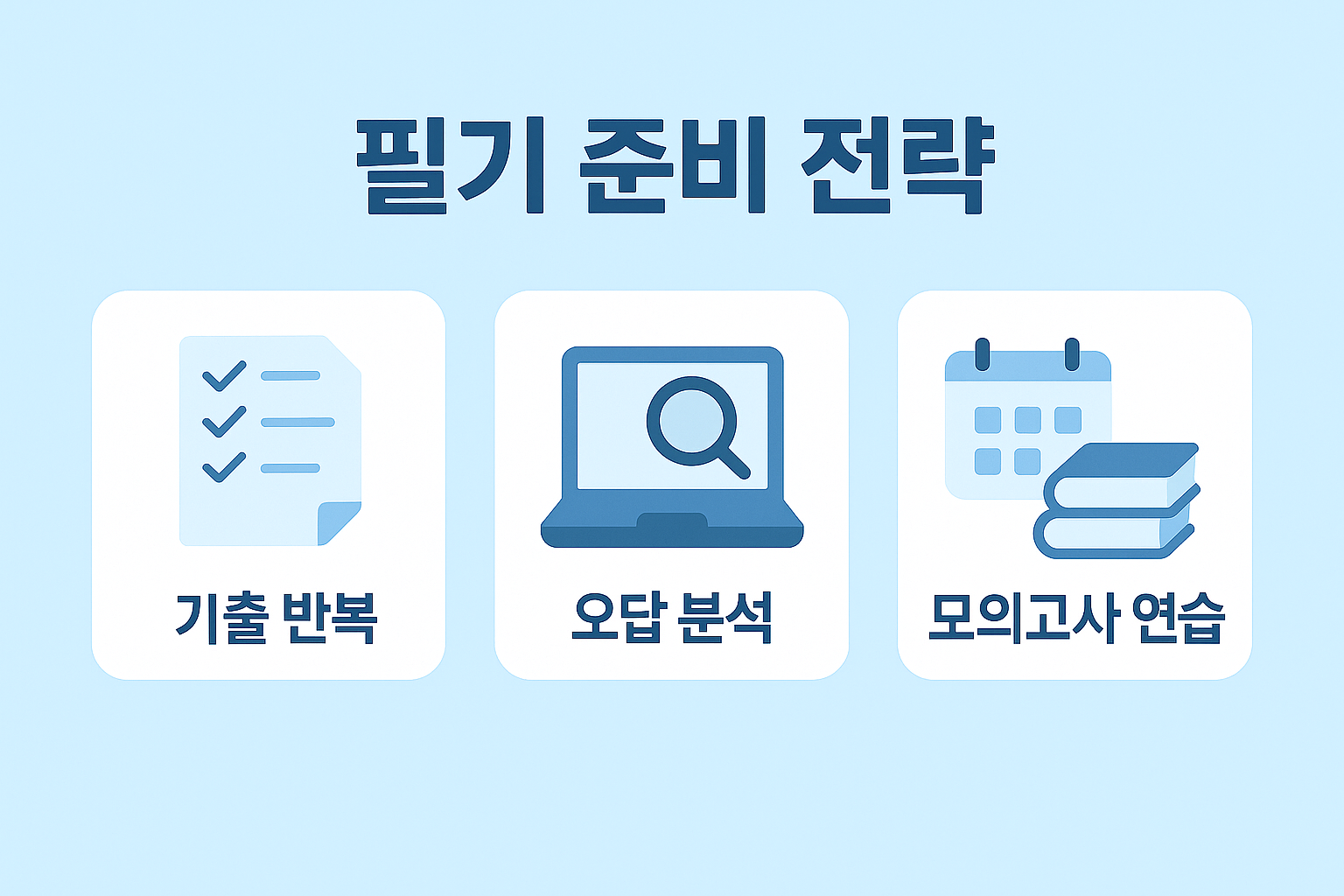 기출 반복, 오답 분석, 모의고사 연습 등 컴활 1급 필기 시험을 효율적으로 준비하는 핵심 전략을 플랫 아이콘으로 정리한 인포그래픽
