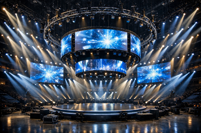 상부 트러스와 조명 음향 시스템이 설치된 원형무대 이미지