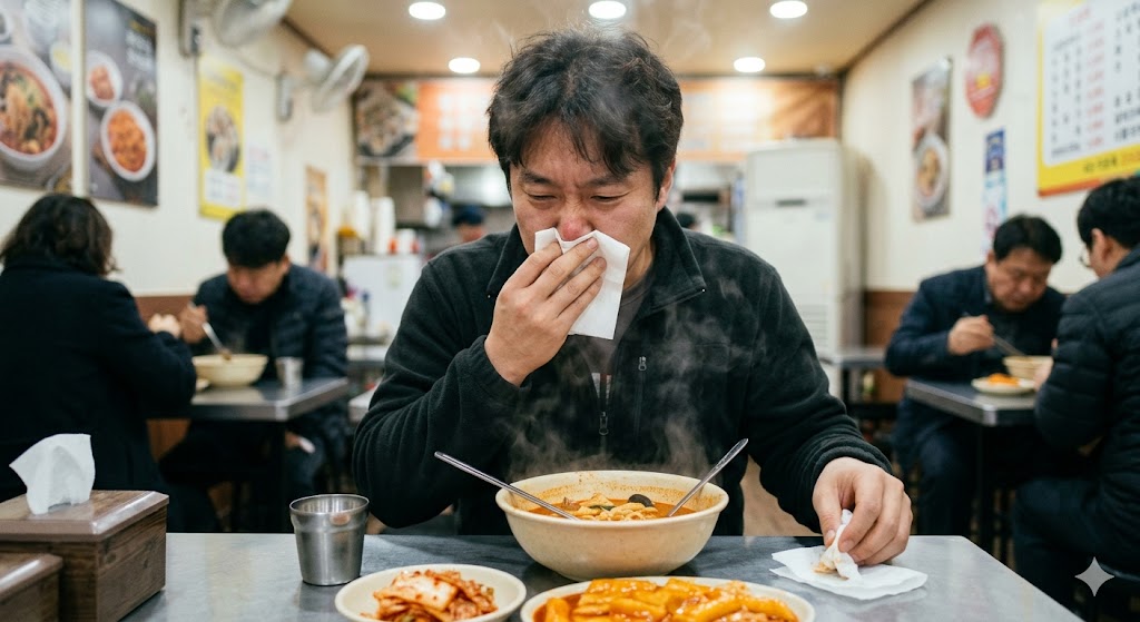 음식을 먹으며 콧물이 나오는 남성의 이미지