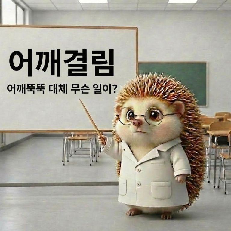 어깨결림, 어깨뚝뚝 관련해서 설명을 하고 있는 의사가운을 입은 도치씨 모습