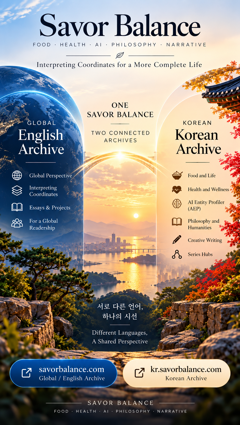 Savor Balance visual guide showing the Global / English Archive and Korean Archive as two connected parts of one archive, linked through food, health, AI, philosophy, narrative, and human-centered interpretation.