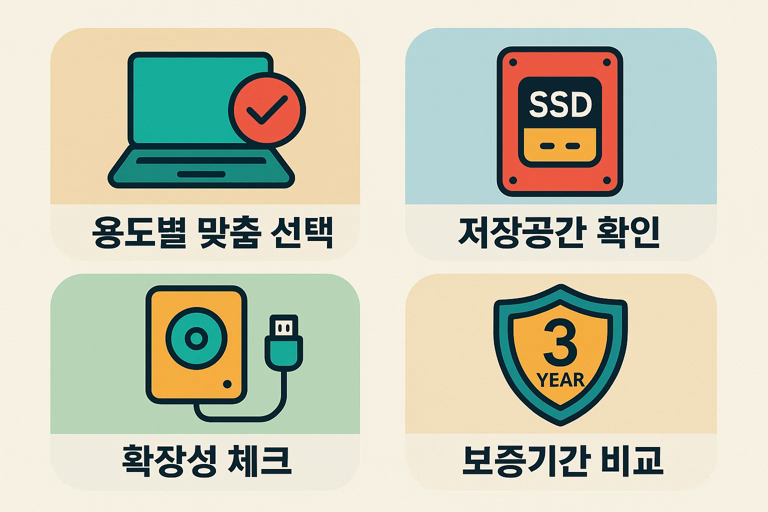 용도별 맞춤 선택, 저장공간, 확장성, 보증기간 등 삼성 노트북 구매 전 반드시 확인해야 할 항목을 정리한 2025년형 체크리스트 인포그래픽.