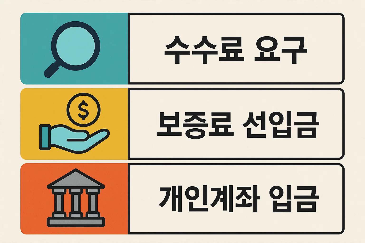 정부지원 대출 과정에서 보증료나 수수료 명목의 선입금을 요구하는 경우가 왜 사기인지 구조적으로 설명한 경고 이미지입니다