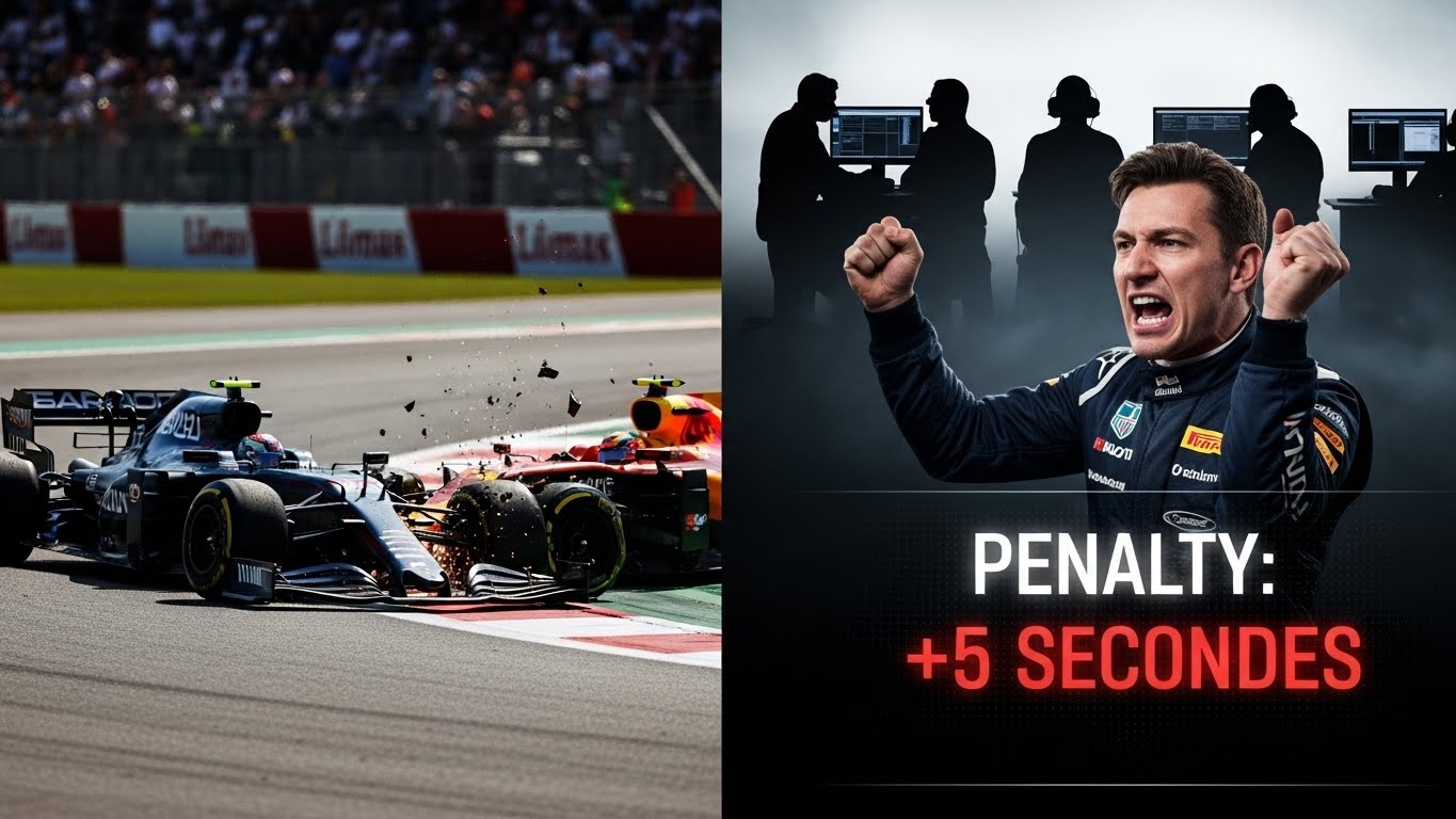 치열하게 코너를 돌며 순위 경쟁을 하는 두 대의 F1 경주차와 스파크가 튀는 긴장감 넘치는 레이스 장면