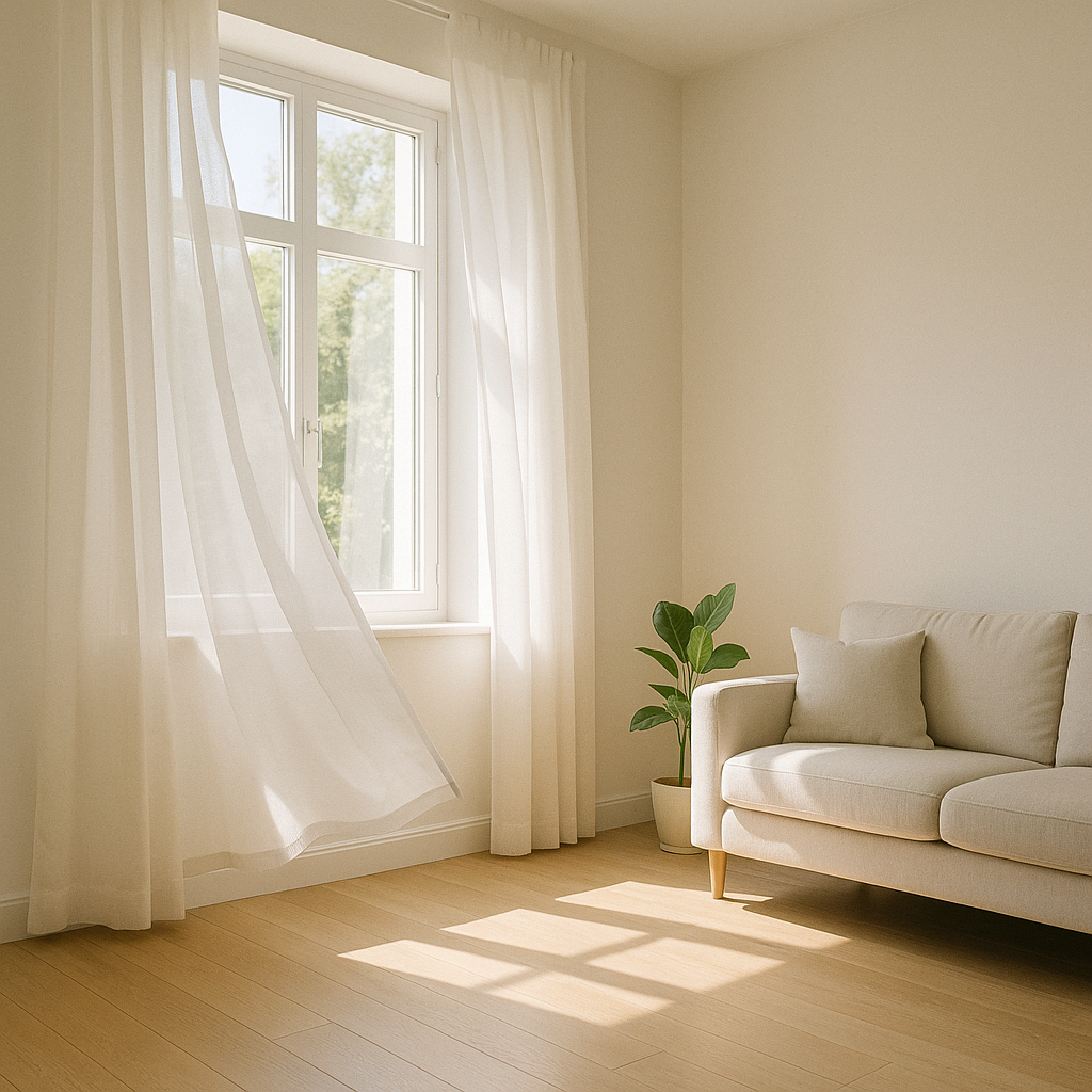 열린 창문과 부드럽게 흔들리는 커튼이 있는 밝은 거실 인테리어