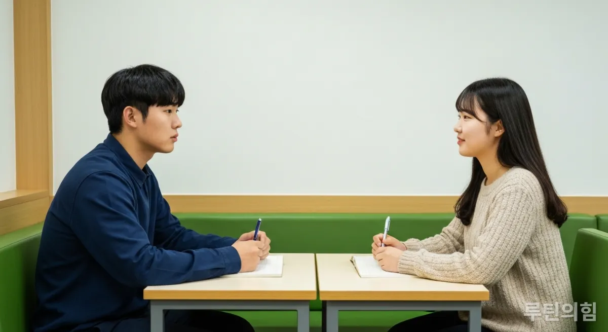 스터디원 면접을 진행하는 한국인 남녀의 모습