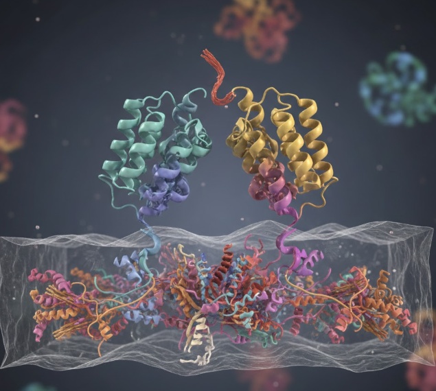 세포막을 관통하여 외부 기질과 내부 골격을 연결하는 복합적인 단백질 구조를 나타낸 사진
