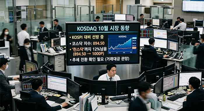 증권사 트레이딩룸의 모니터 화면에 표시된 코스닥 시장 동향 분석 그래프.