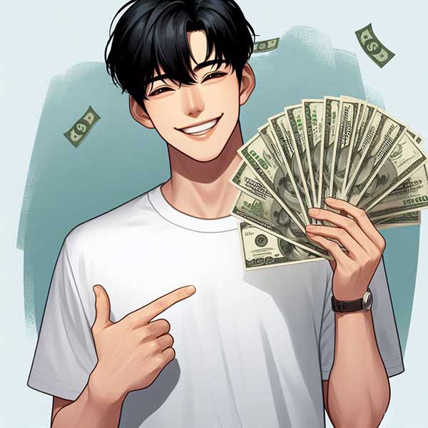 돈을 들고 웃고 있는 사람