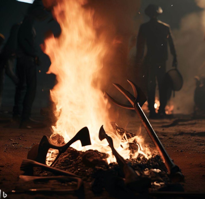 연장을 다른 광부들이 보는 앞에서 불로 태우다