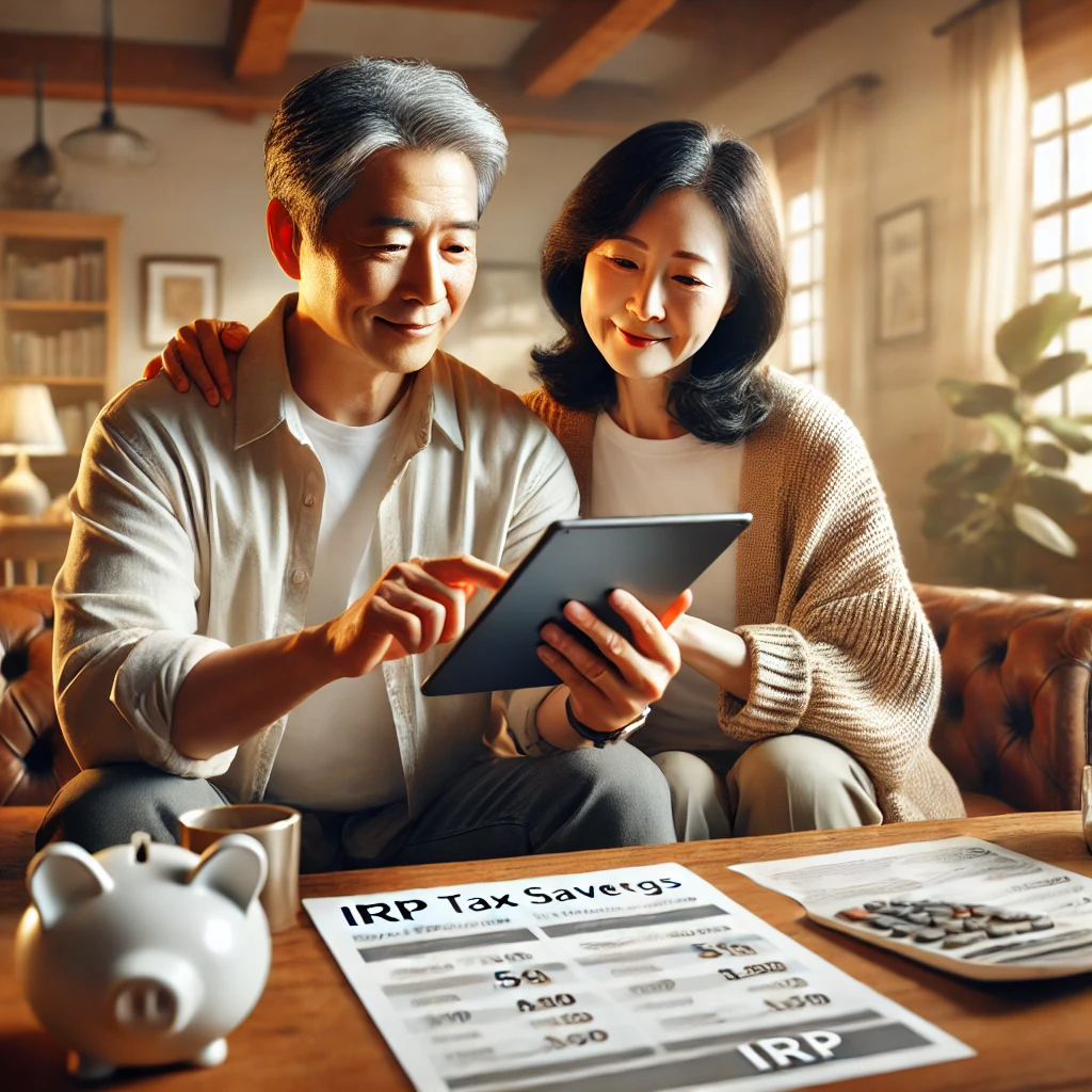 중년 부부가 거실에서 태블릿을 사용해 IRP 납입금 세금 절약 효과를 검토하는 장면. 테이블에는 문서가 정리되어 있고&amp;#44; 아늑한 분위기