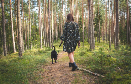 숲길을 산책하며 검은색 개와 함께 걷는 여성, 자연과 개와의 교감이 전반적인 정서 건강을 증진시키는 모습
