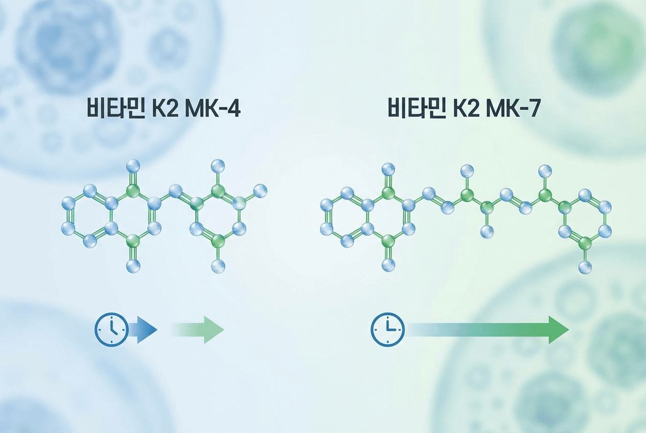 비타민K2 MK-4와 MK-7 구조 차이를 나타내는 도식. 두 형태의 분자 구조와 체내 반감기 차이를 시각적으로 비교한 인포그래픽.