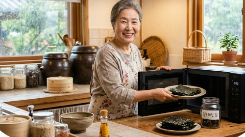 여름철 장마철에 눅눅해진 김을 바삭하게 살리기 위해 접시에 담아 전자레인지로 수분을 날리는 실제 살림 모습