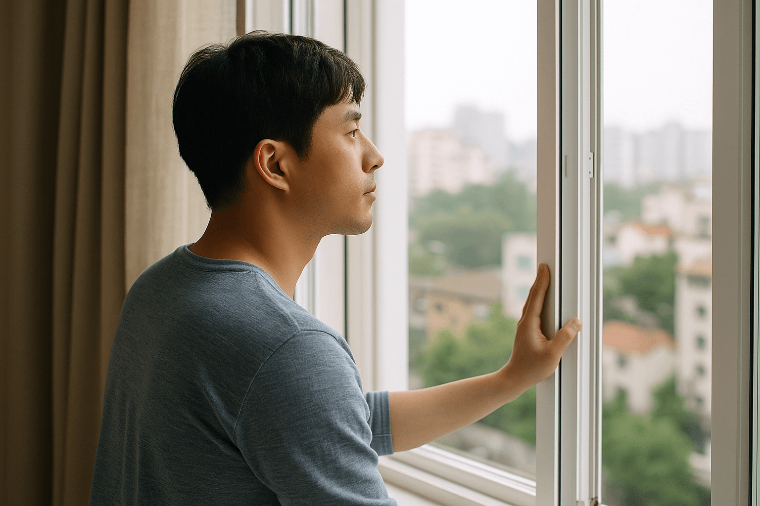 서울 자취방 창가에서 창문을 열고 바깥을 바라보는 한국인 청년의 옆모습