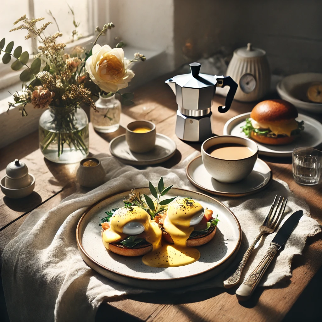 감성 가득한 브런치 테이블 위에 에그 베네딕트와 커피가 놓인 사진