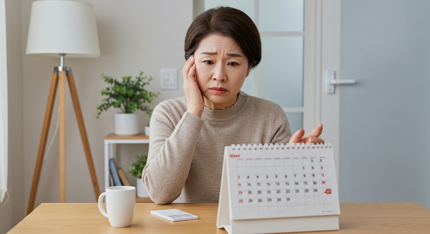 건강검진을 미루는 표정의 중년 여성, 달력과 시계가 배경에 있음