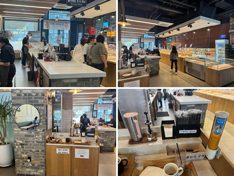 계산하는 곳 및 가져가는 곳과 베이커리 있는 공간