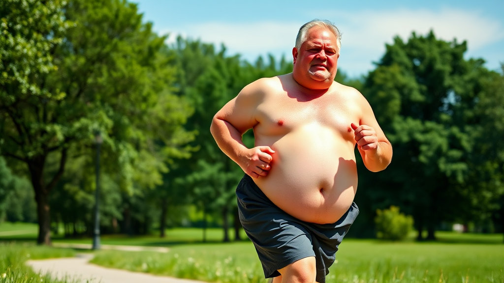 땀흘리며 조깅하는 뚱뚱한 중년