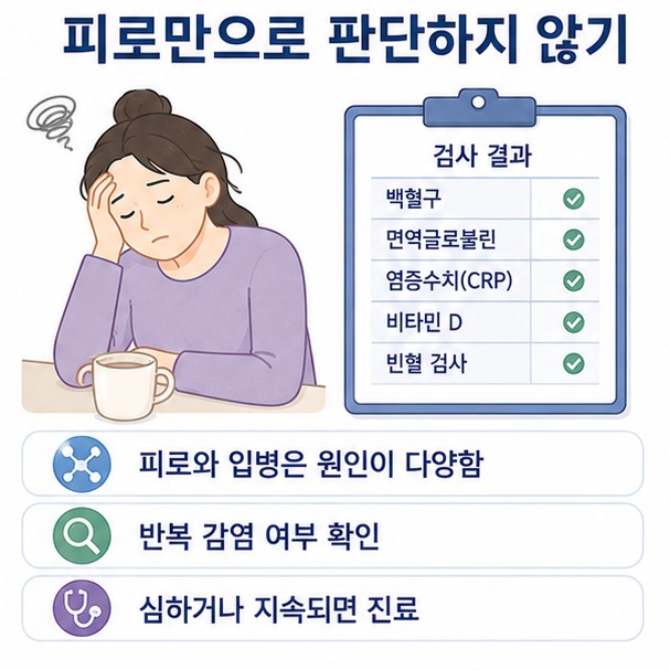 피로와 입병만으로 면역력 저하를 단정하지 말고 반복 감염과 현재 질환 및 치료 상태를 함께 확인해야 한다는 이미지