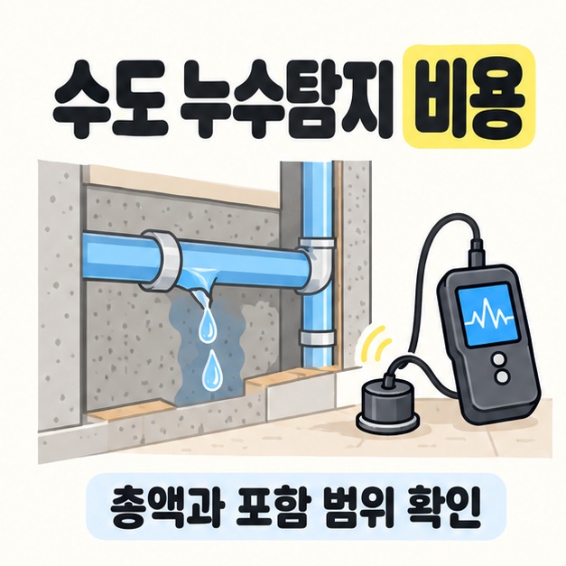 수도 누수탐지 비용 제목 아래 벽 안 배관에서 새는 물방울과 탐지 장비를 그리고 총액과 포함 범위 확인 문구를 배치한 대표 썸네일
