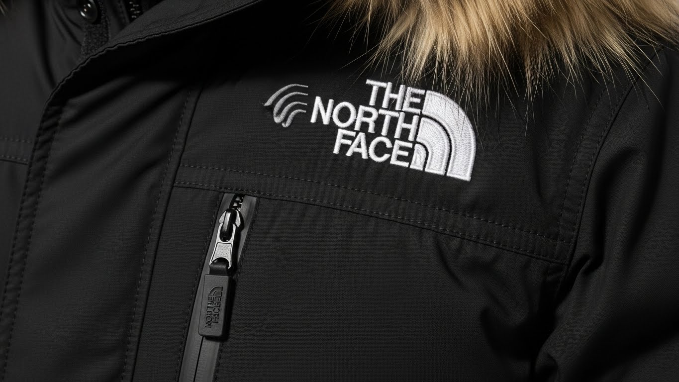 노스페이스 맥머도 야상 패딩의 가슴 포켓과 로고 자수, 후드 퍼 부분 상세 이미지