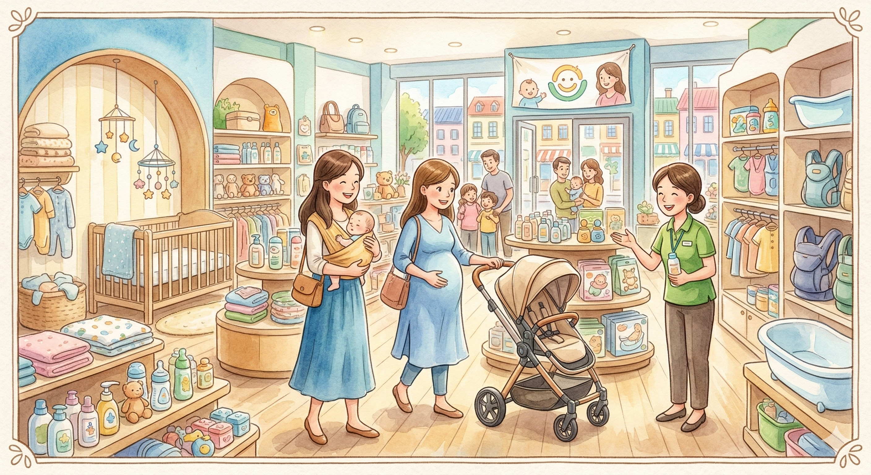 A cheerful watercolor illustration of a pregnant woman and a mother with a baby browsing various strollers and baby supplies in a bright, friendly store.