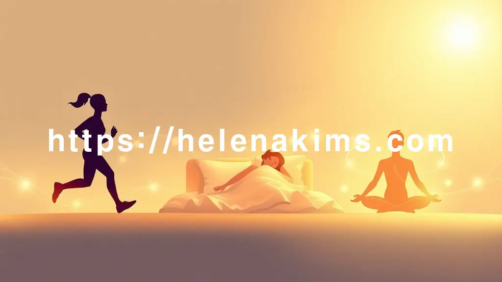 밝고 평온한 배경에 세 가지 아이콘이 조화롭게 배치된다, 활기차게 조깅하는 사람, 포근한 침대에서 편안하게 잠든 모습, 연꽃 자세로 명상하는 사람, 각 아이콘은 은은한 항염증 에너지를 뿜어내며, 몸속 염증 세포를 꺼트리는 듯한 이미지.