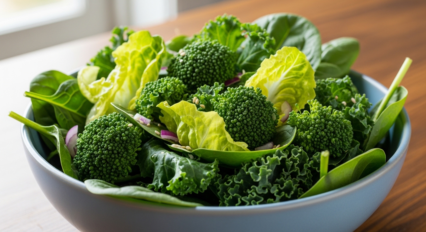 신선한 시금치, 케일, 브로콜리 등 녹색 잎채소가 담긴 그릇. 건강하고 활기찬 느낌을 준다.