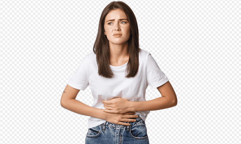 생리가 늦어지는 이유로 복통을 호소하고 있는 여자