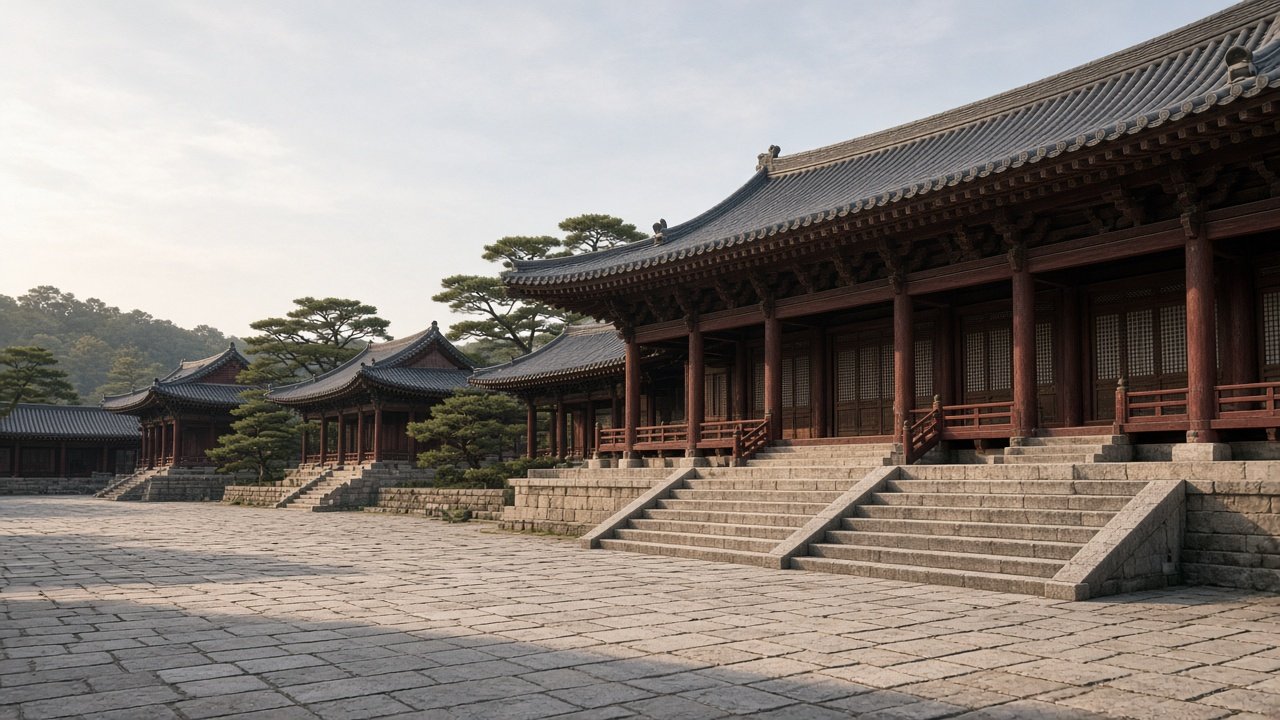 나무 전각과 돌계단이 보이는 빈 고궁 마당, 부드러운 오후 빛