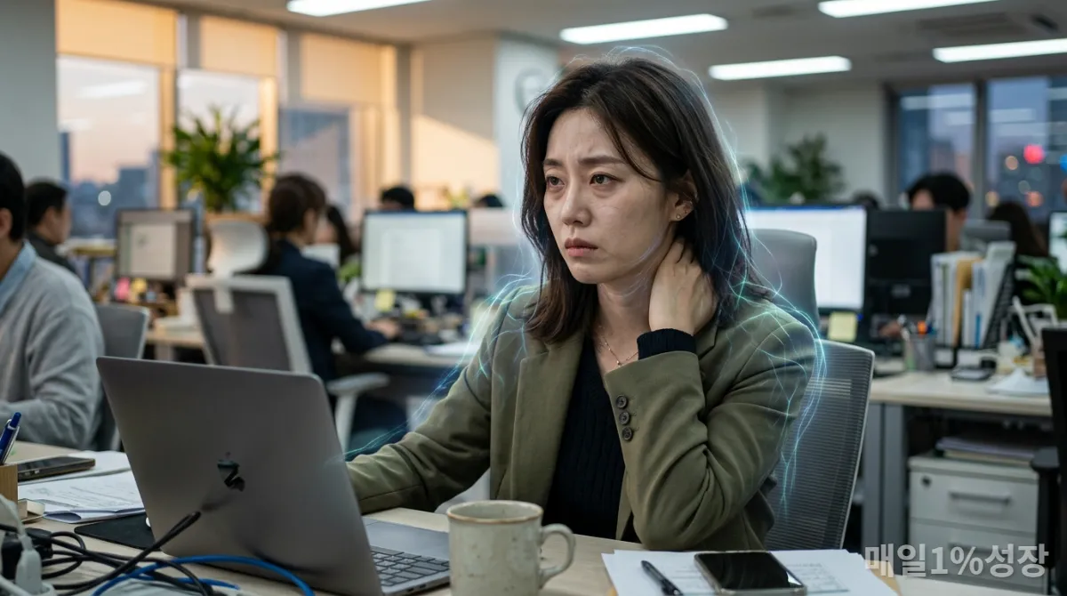 스트레스와 신경계의 복잡한 상호작용을 보여주는 젊은 한국 직장인의 모습
