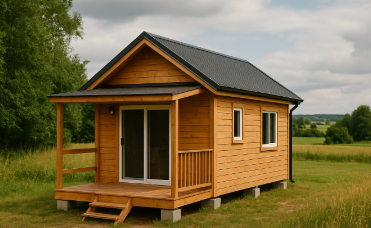 초록 들판 위에 지어진 작은 목조 단층 주택, 회색 지붕과 유리문이 있는 전원 체험형 주택 모습